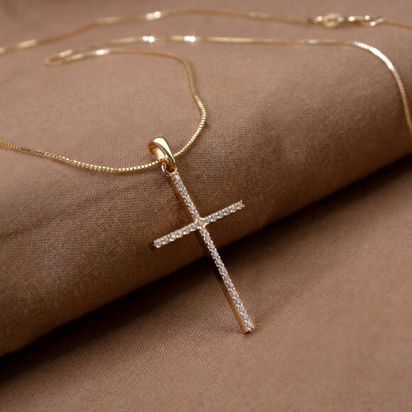 Real 10K Gold Cross Pendant Necklace with 18" Gold Box Chain Stamped 10K - Picture 4 of 7